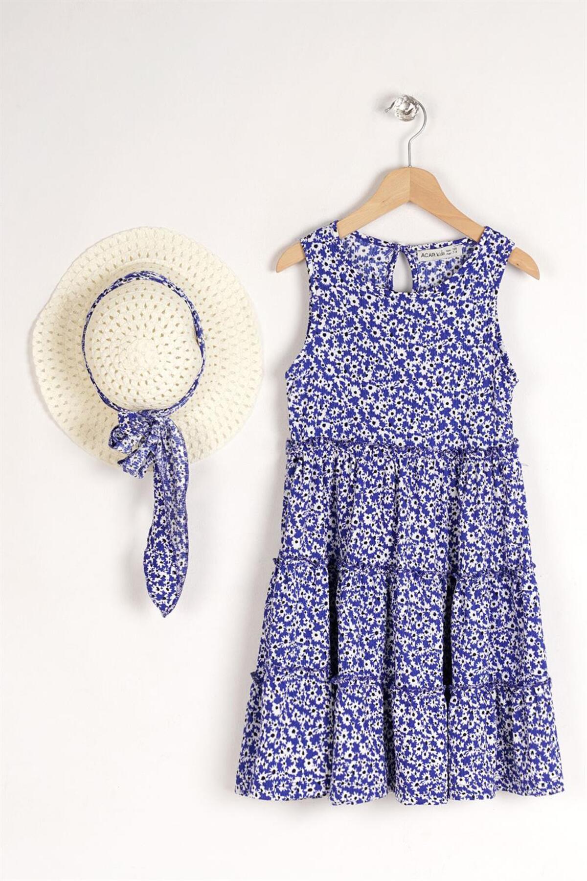 Girl'S Sax Colored Floral Patterned Dress With Hat Accessory