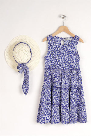 Girl'S Sax Colored Floral Patterned Dress With Hat Accessory