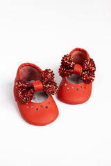 Red Sequin Bow Leather Baby Girl Loafers