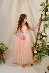 Girl's Satin Evening Dress with Back Gipe and Tulle Salmon