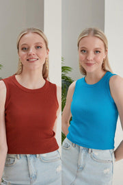Women's Tile Blue Halter Neck 2 Piece Crop Blouse - Swordslife