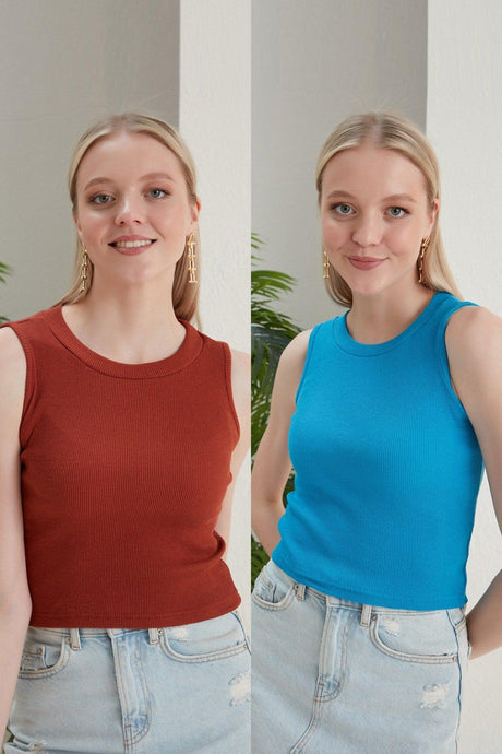 Women's Tile Blue Halter Neck 2 Piece Crop Blouse - Swordslife