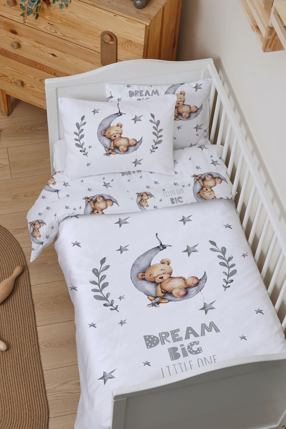 Organic Baby Duvet Cover Set (100X150) - For Baby Series - Bear Sleeping In Gray Moon