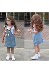Baby Girl Slopet Jean Dress with Toy Visuals -turquoise