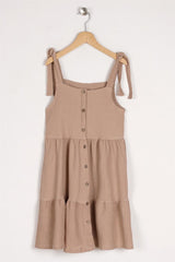 Girl's Beige Colored Strap Front Button Detailed Dress