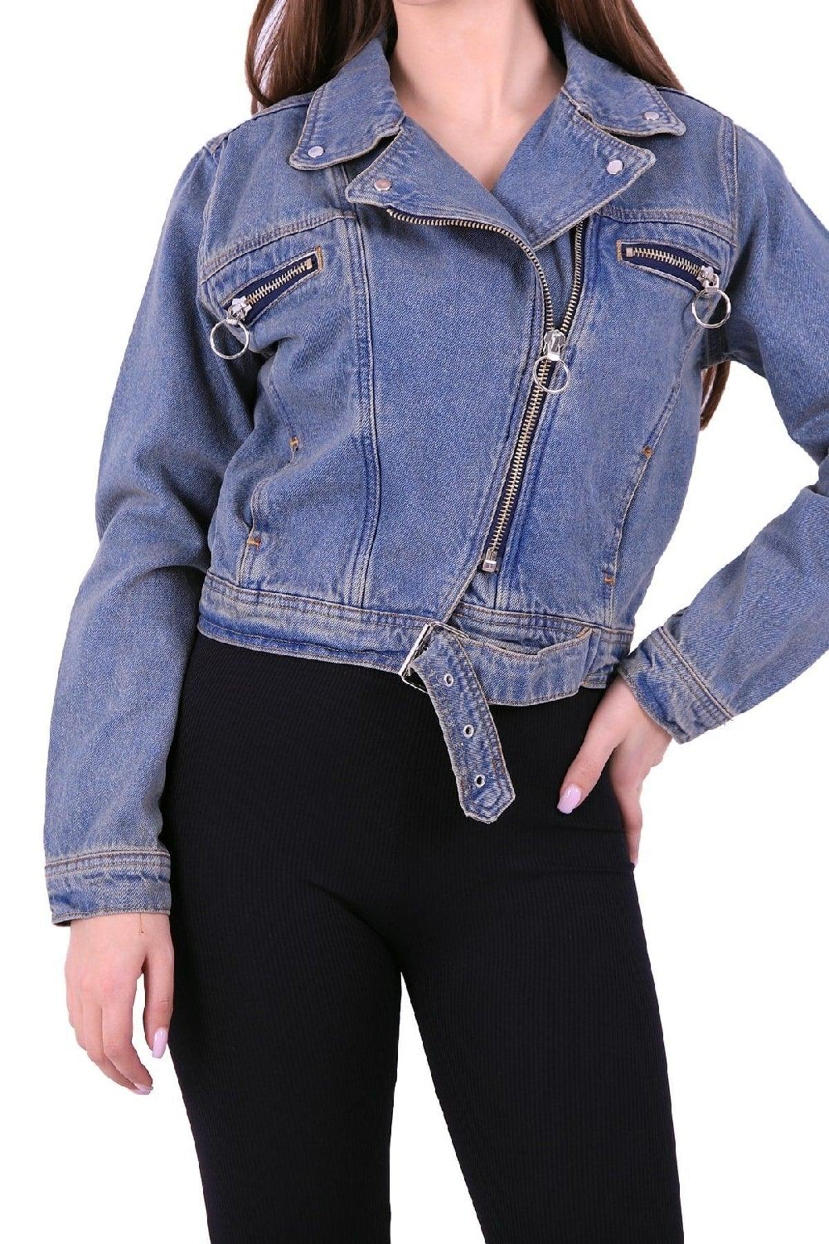 Zippered And Waist Belt Front Decorative Pocket Oversize Short Jeans Women's Jacket - Swordslife