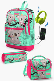 Kids Water Green Neon Coral Koala Patterned Usb 3 Pcs School Bag Set Set0123813