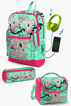 Kids Water Green Neon Coral Koala Patterned Usb 3 Pcs School Bag Set Set0123813