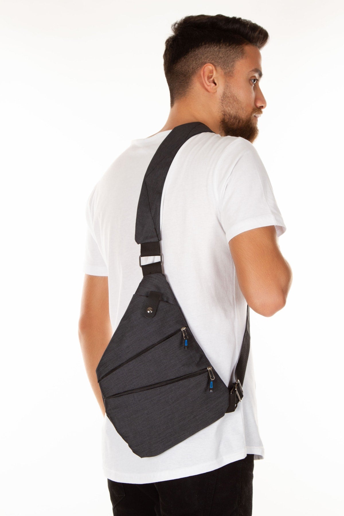 Unisex Schwarze Satteltasche, Schulter-Brusttasche mit Telefonfach, diagonale Tasche, schmale Umhängetasche