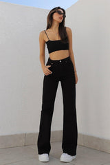 Lussi Power Lycra Women Black High Waist Wide Leg Loose Jeans Jeans Lvk-001040a - Swordslife