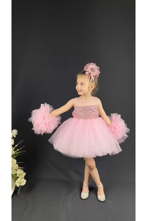 Chiffon Robe Pompom Ärmel Pailletten Mädchen Flauschigen Rock Tüll Abendkleid Rosa