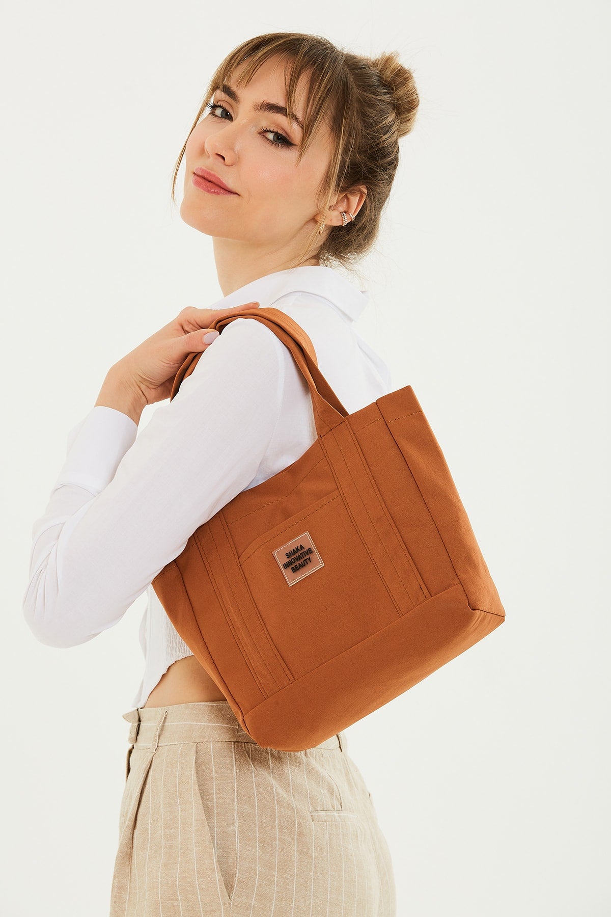 Tile U37 Snap Snap Closure 2 Compartment Front Pocket Detailed Canvas Fabric Daily Women's Arm and Shoulder Bag