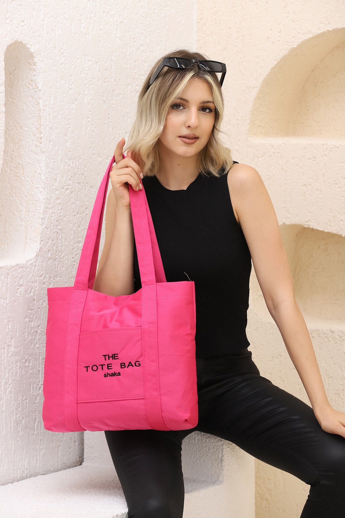 Fuchsia U46 Snap Closure Front Pocket Detailed Tote Bag Embroidered Canvas Women's Arm and Shoulder Bag U:30 E
