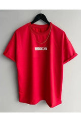 Black Street Men's Red Brooklyn Printed Oversize Crew Neck Short Sleeved Tshirt
