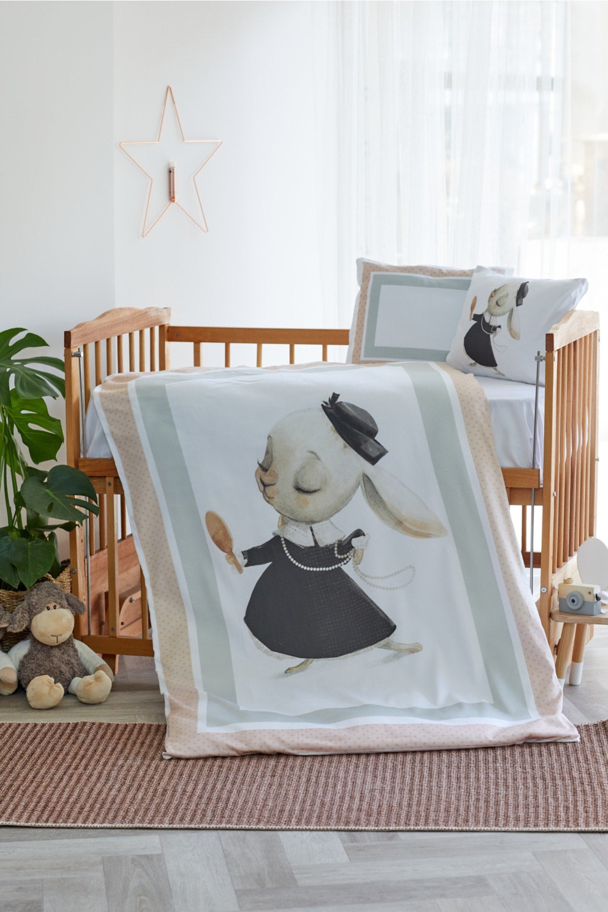 Organic Printed Cotton Satin Baby Duvet Cover Set - Pink Rabbit Theme