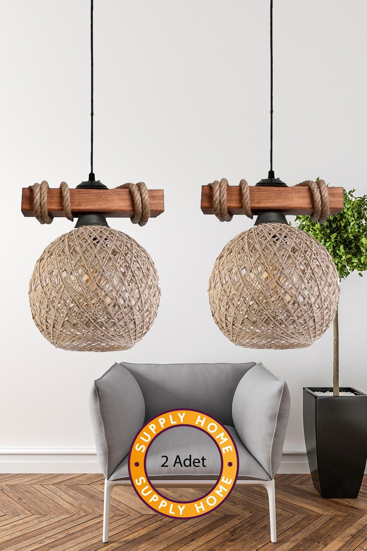 2Pcs Wooden Rope Balle Jute Globe Ball Single Pendant Lamp Chandelier