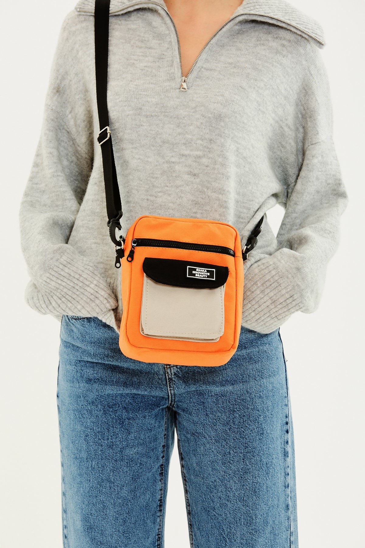Orange/cream/black U2 3-Compartment Cross Adjustable Strap Canvas Fabric Unisex Shoulder Bag B:22 E: