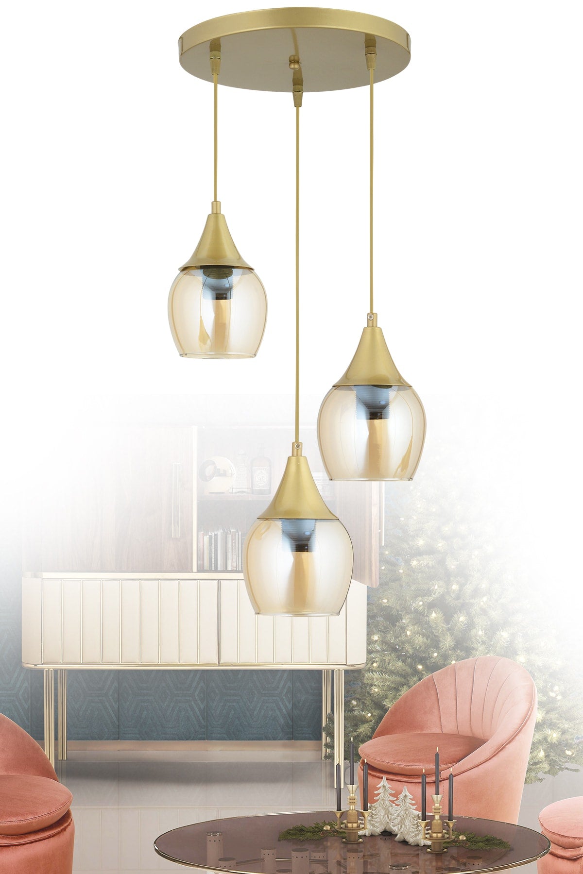 Sante 3-Piece Antique Honey Glass Modern Pendant Lamp Chandelier Living Room Kitchen Room Hallway Chandelier