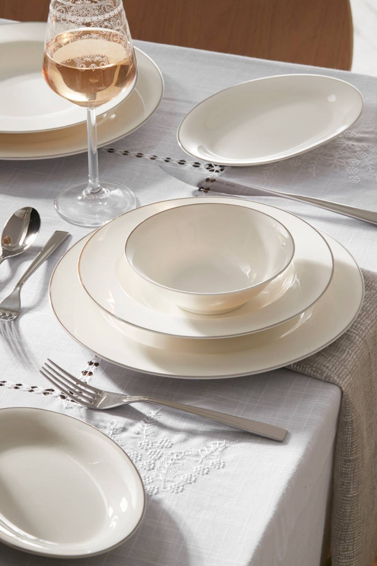 Lexi New Bone 56 Pieces Dinnerware Set For 12 People Platinum