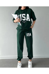 Usa T-shirt Sweatpants Jogger- Green Printed Bottom Top Tracksuit Suit Oversize Crew Neck
