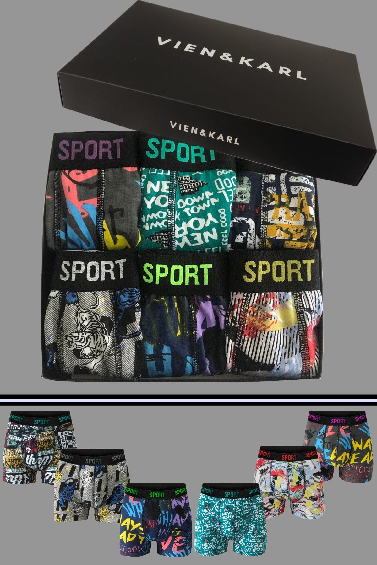Men'S Patterned 6 Pcs Premium Combed Combed Box Cotton Lycra Boxer