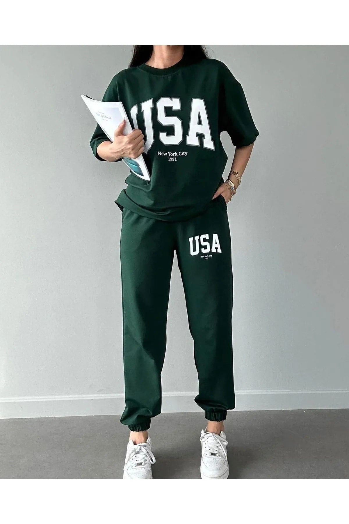 USA T-Shirt Jogginghose Jogger - Grün Bedruckte Unterseite Oberteil Trainingsanzug Oversize Rundhals