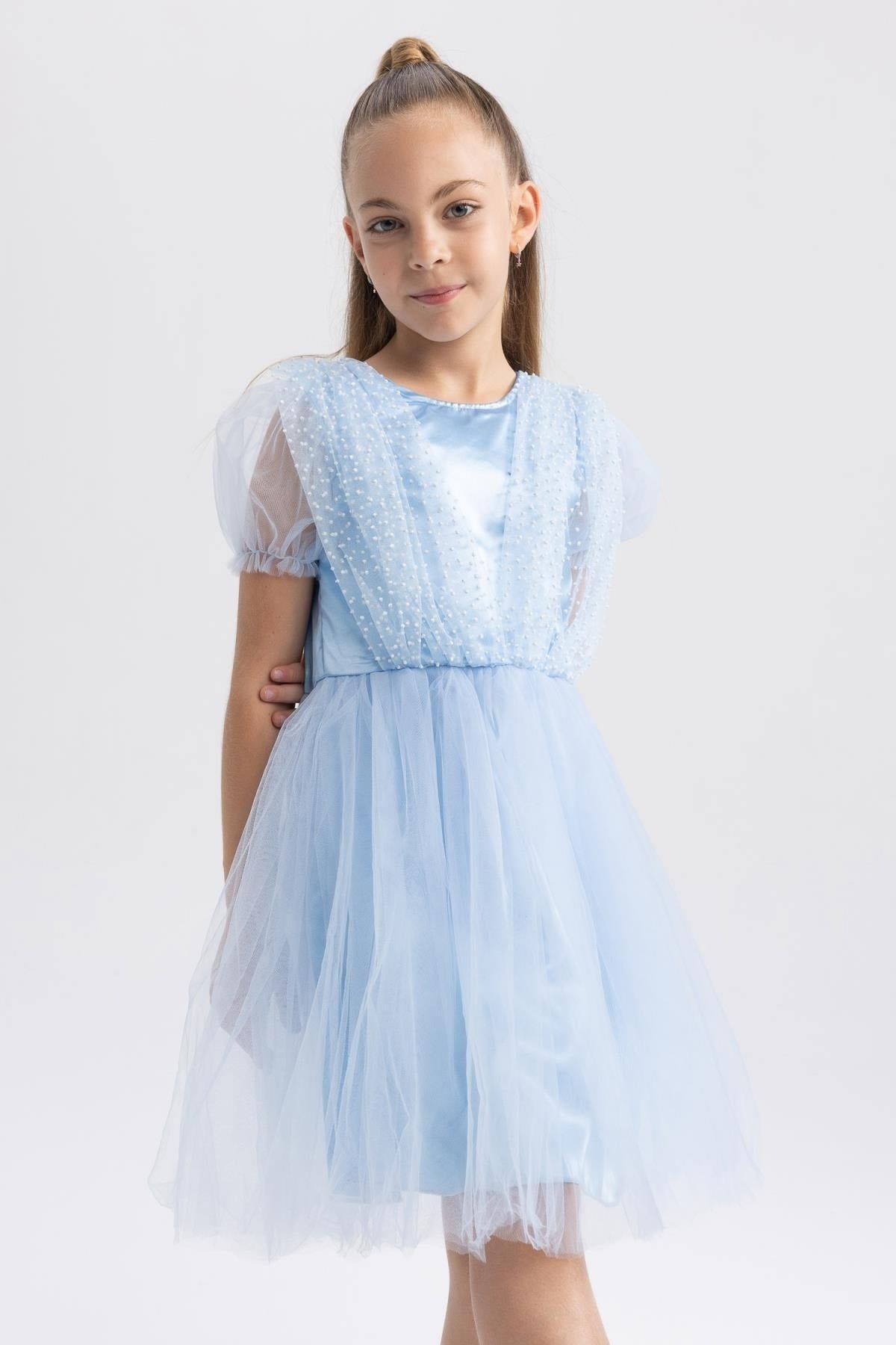 Girl Crew Neck Short Sleeve Tulle Dress