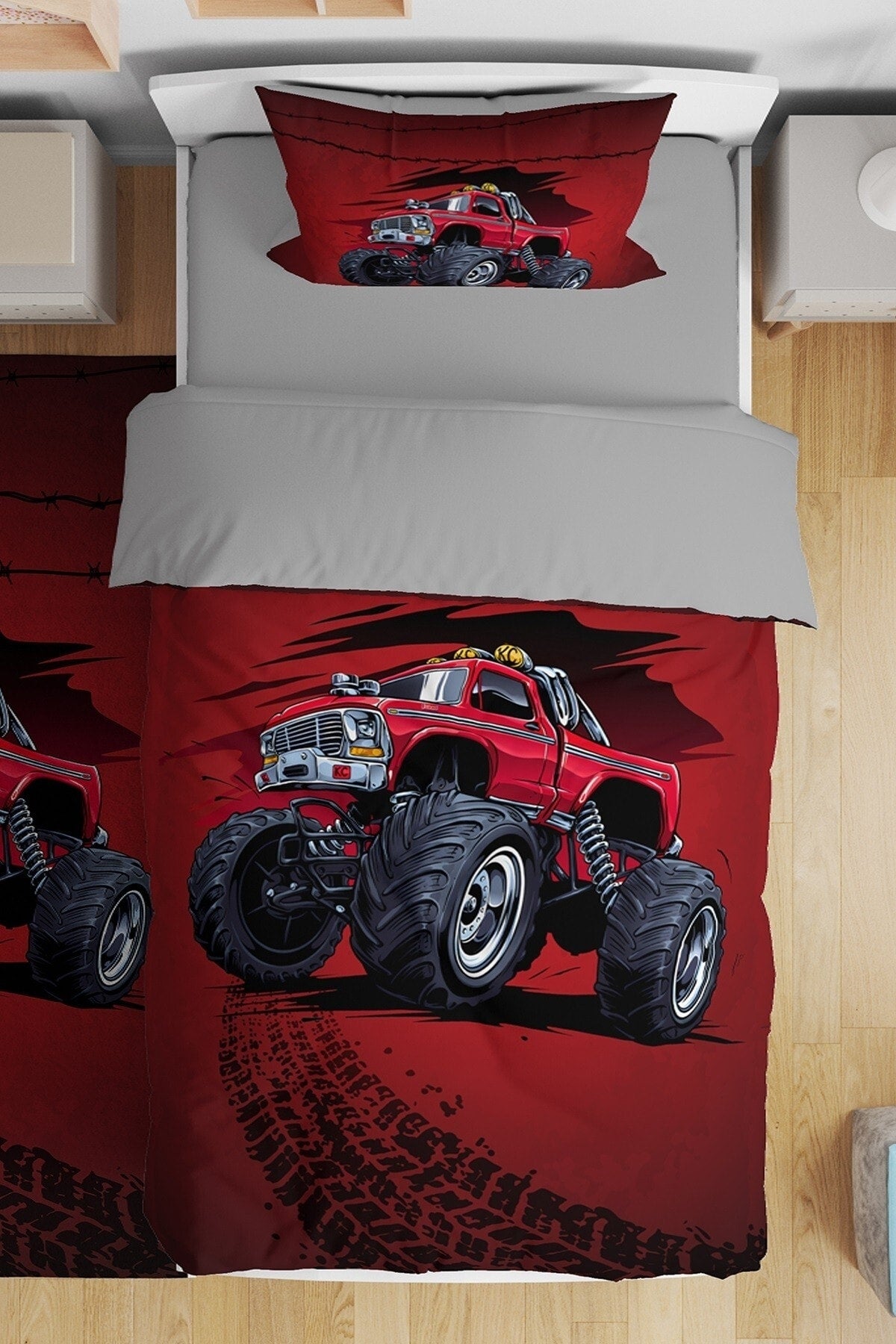 Red Monster Truck Patterned Single Baby Duvet Cover Set