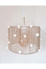 Wicker Rope Wrapped Ecru Pompom Baby and Children's Room Pendant Lamp Chandelier