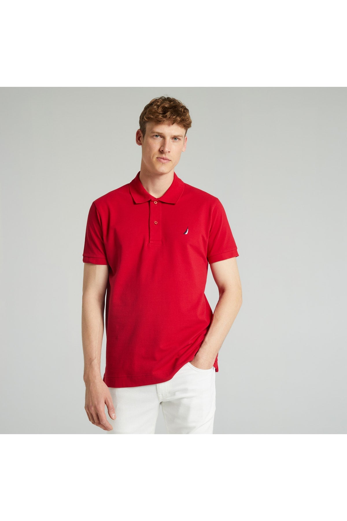  Мужская красная рубашка-поло классического кроя с коротким рукавом