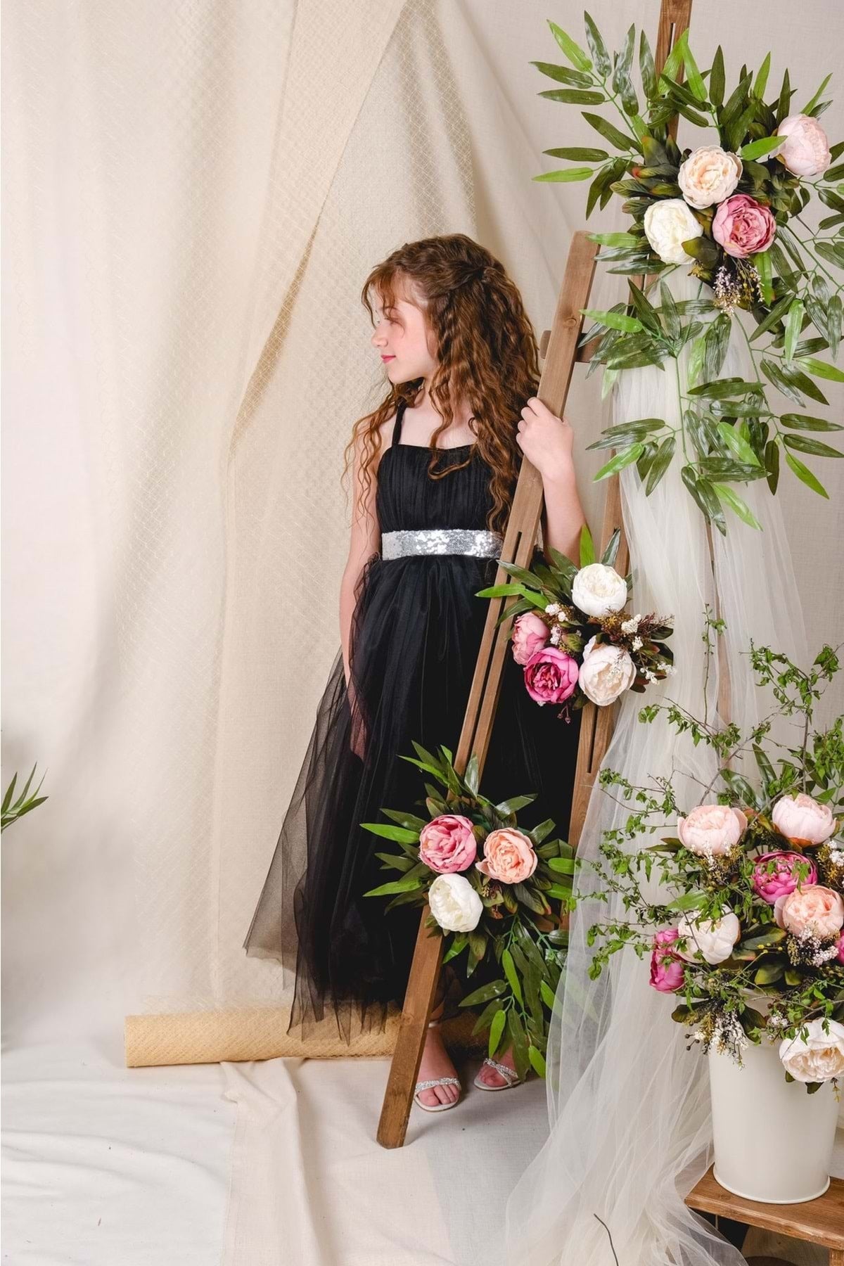 Girl's Satin Evening Dress with Back Gipe and Tulle Black