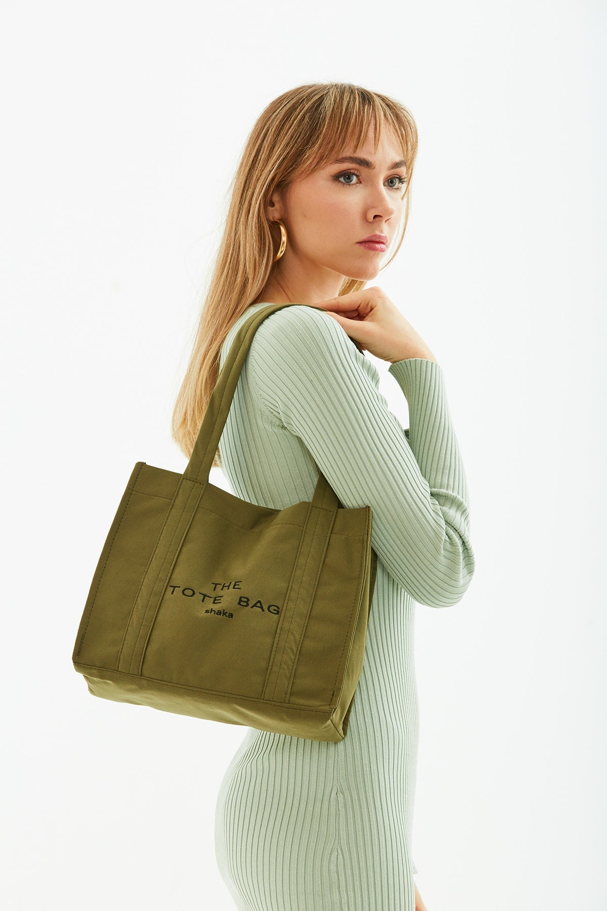 Khaki Green U45 Snap Closure The Tote Bag Embroidered Canvas Fabric Casual Women'S Arm And Shoulder Bag