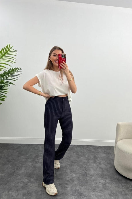 Ultra High Waist Crepe Fabric Lycra Palazzo Striped Trousers Navy Blue - Swordslife