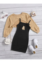 Teddy bear print dress & crop sweat combination