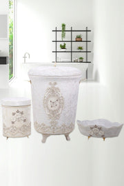 Lisa Cream 3 Pcs Velvet Dowry Lacy Bathroom Dirty Laundry Basket Set | Bathroom Set - Swordslife