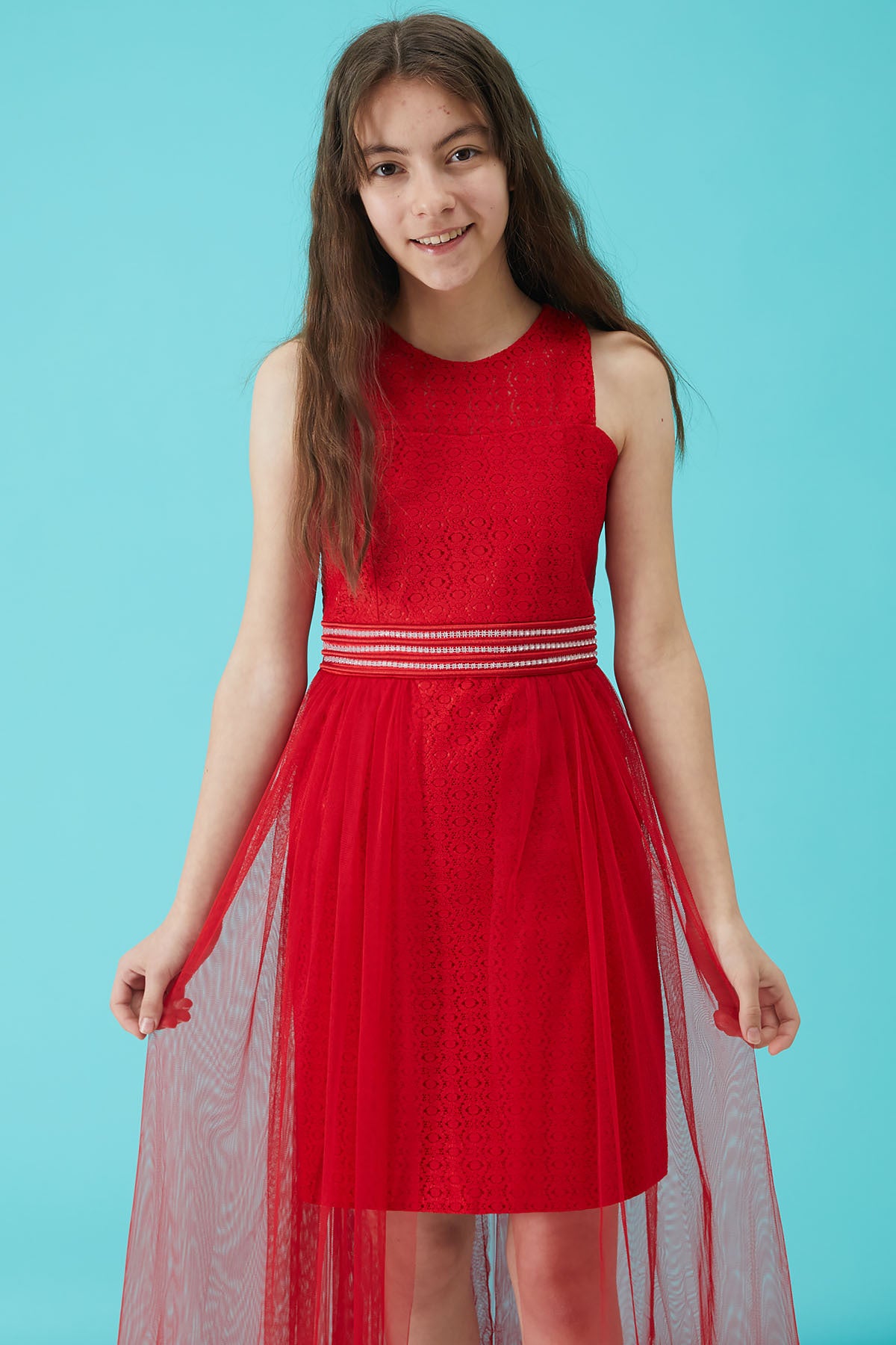 Abendkleid aus Tüll mit rotem Steindetail für Mädchen 15159