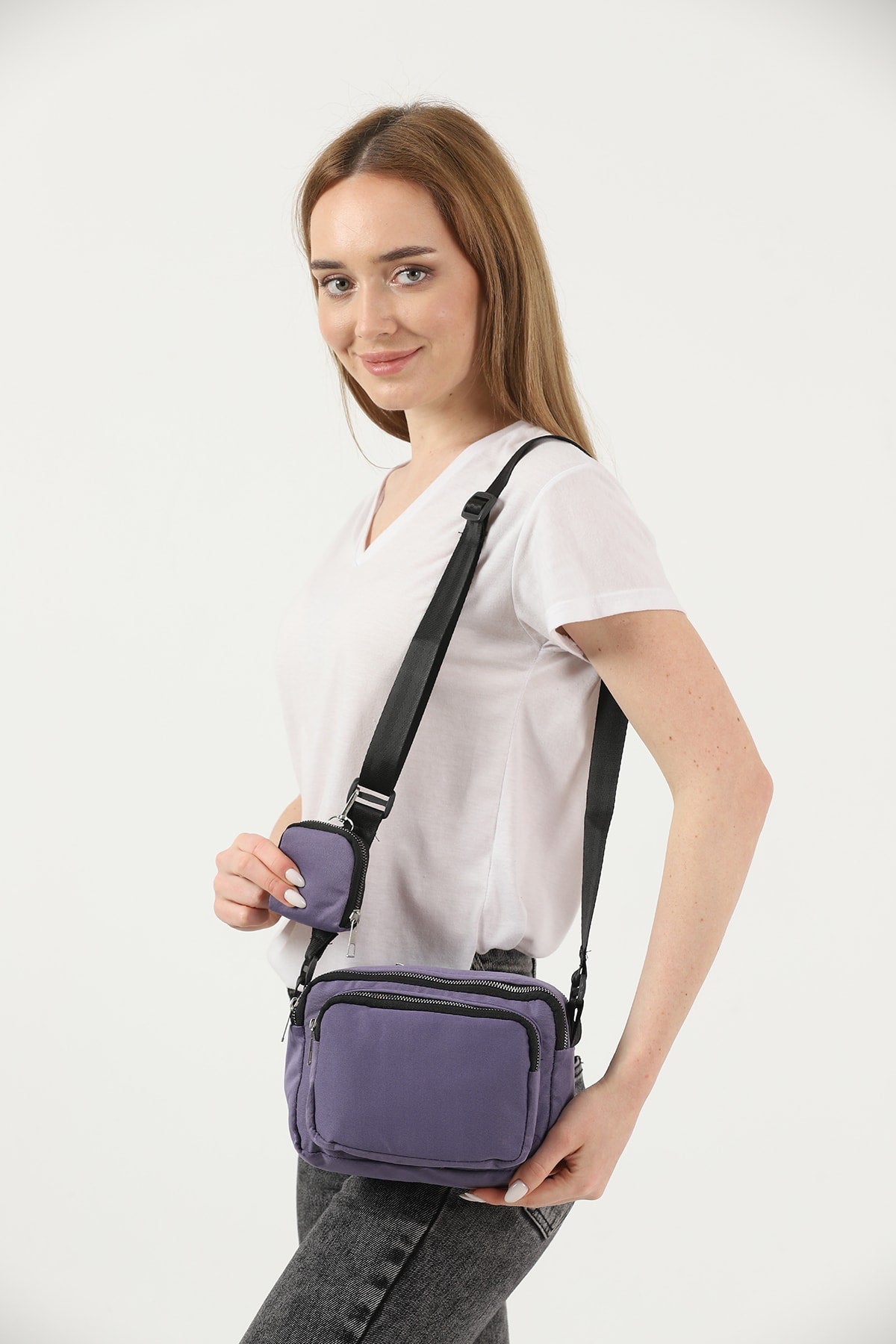 Lilac U4 Canvas Women'S Cross Shoulder Bag With 2 Compartments And Wallet With Adjustable Strap B:17 E:22 G:12
