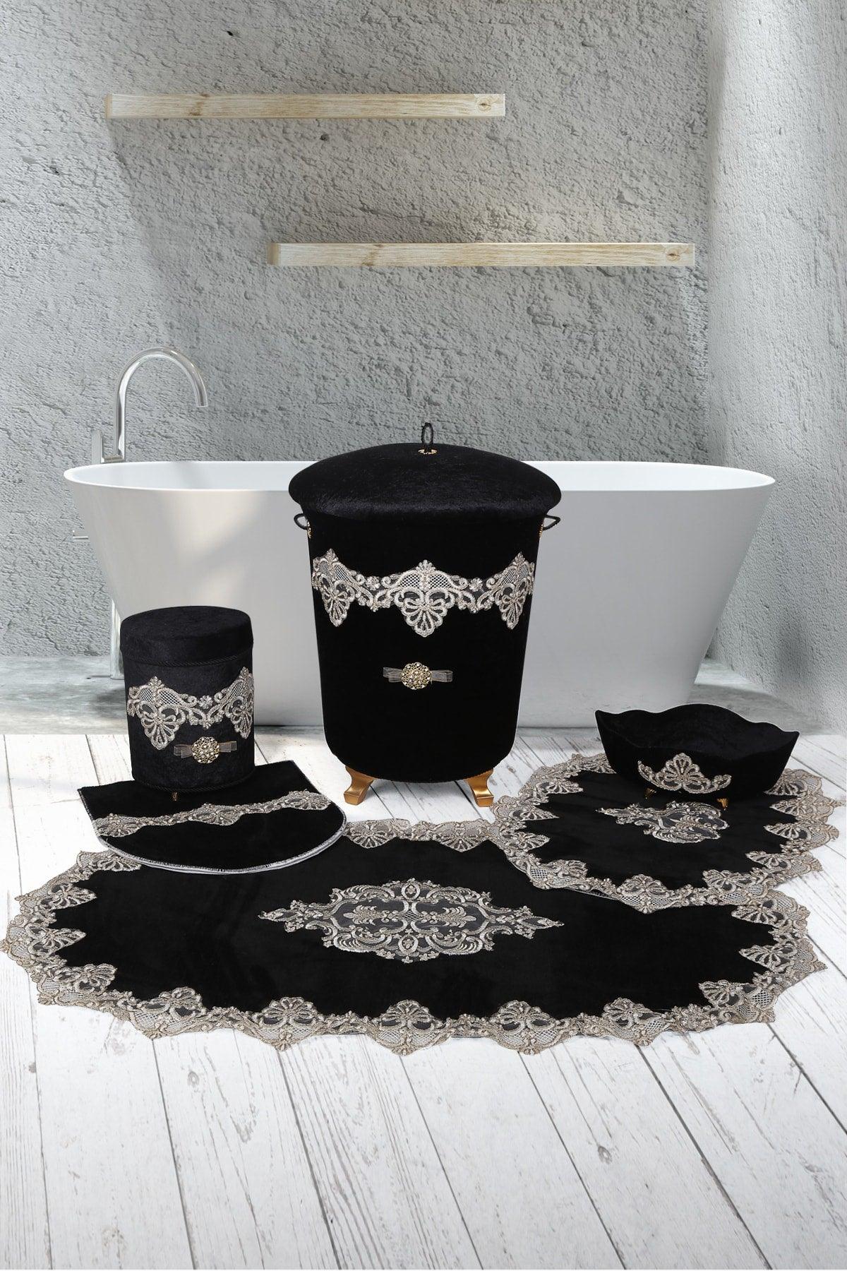 Black Aplique Lux 6 Piece Velvet Bathroom Set Dirty Laundry Basket Set + Bath Mat Set - Swordslife