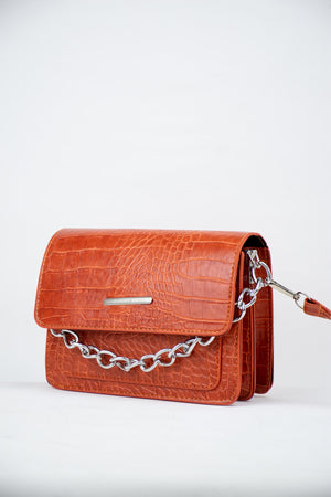Orange Damen Clutch Baguette mit Kettenriemen und Krokodilmuster