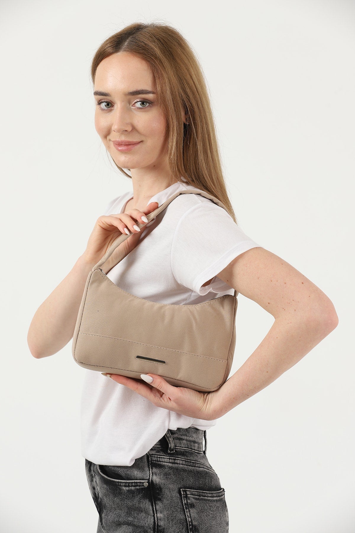 Mink U26 Single Zipper Section Canvas Fabric Women'S Daily Baguette Hand And Shoulder Bag U:13 E:25 G:6