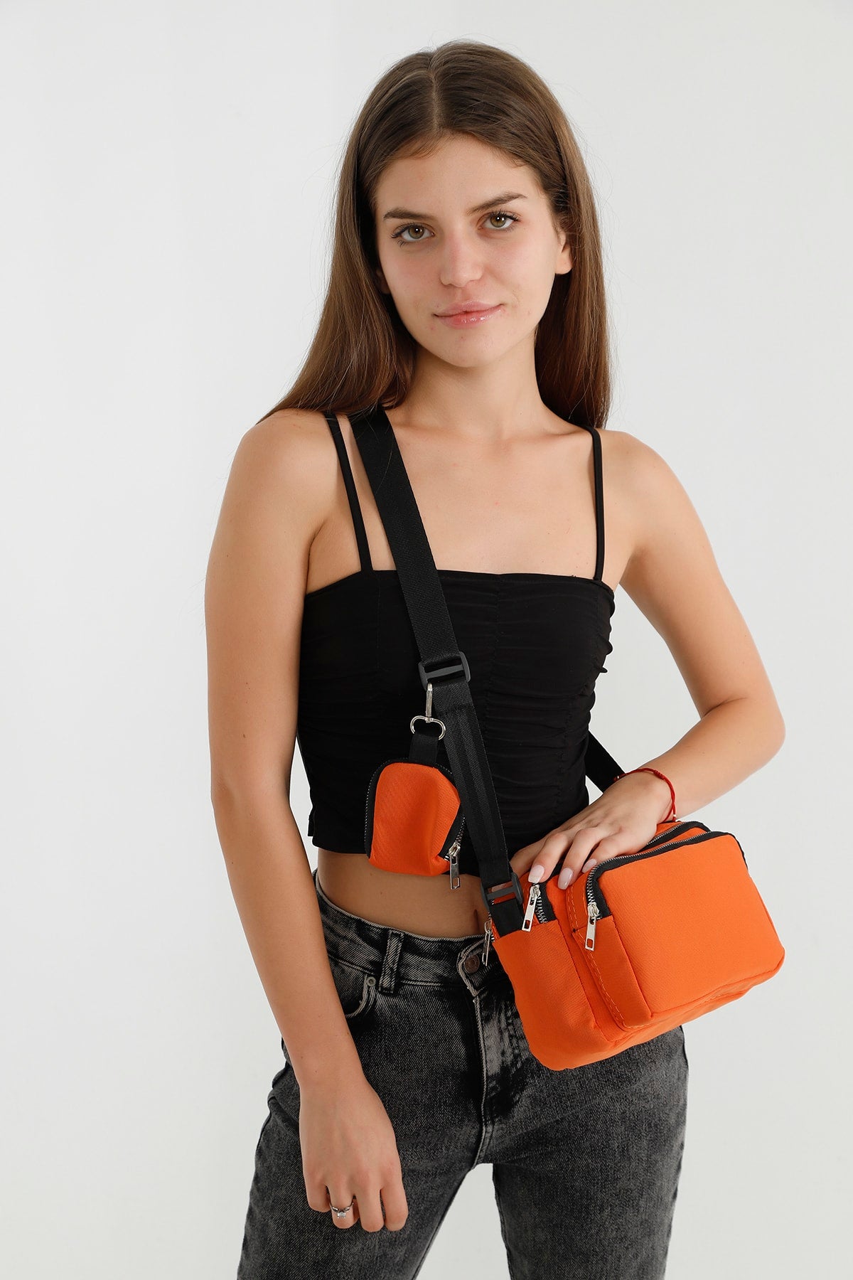 Orange U4 Canvas Women's Cross Shoulder Bag With 2 Compartments And Wallet With Adjustable Strap B:17 E:22 G:1