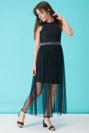 Girl'S Black Stone Detailed Tulle Evening Dress 15158