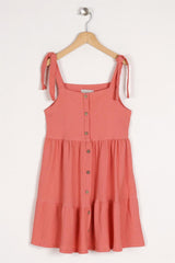 Girl's Dried Rose Colored Strap Front Button Detailed Dress