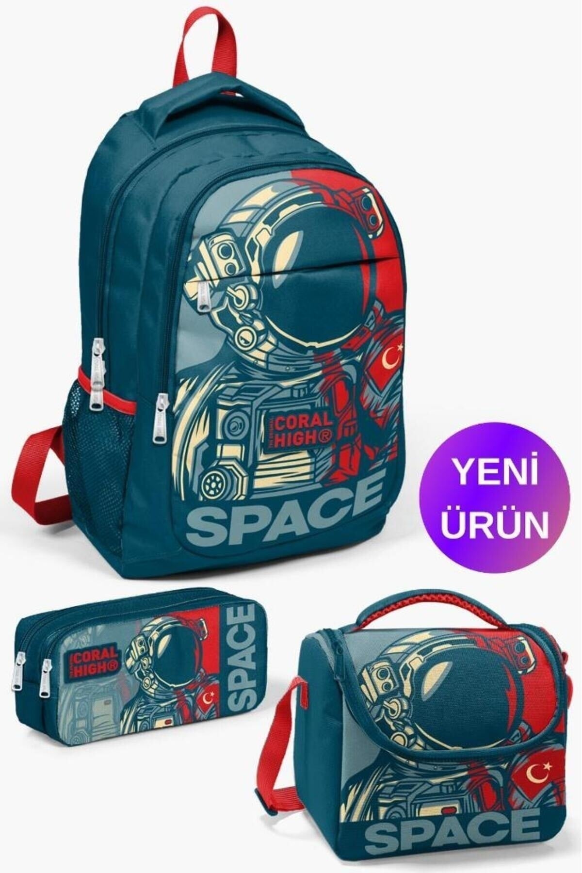 Red Astronaut Patterned 3-Piece School Bag Set GOSET0114389