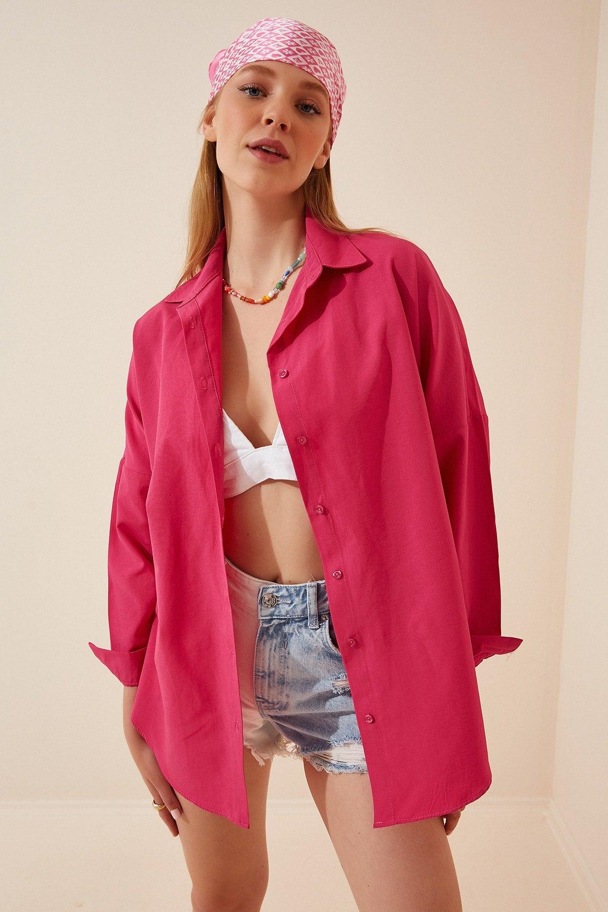 Women's Dark Pink Oversize Long Basic Shirt DD00842 - Swordslife