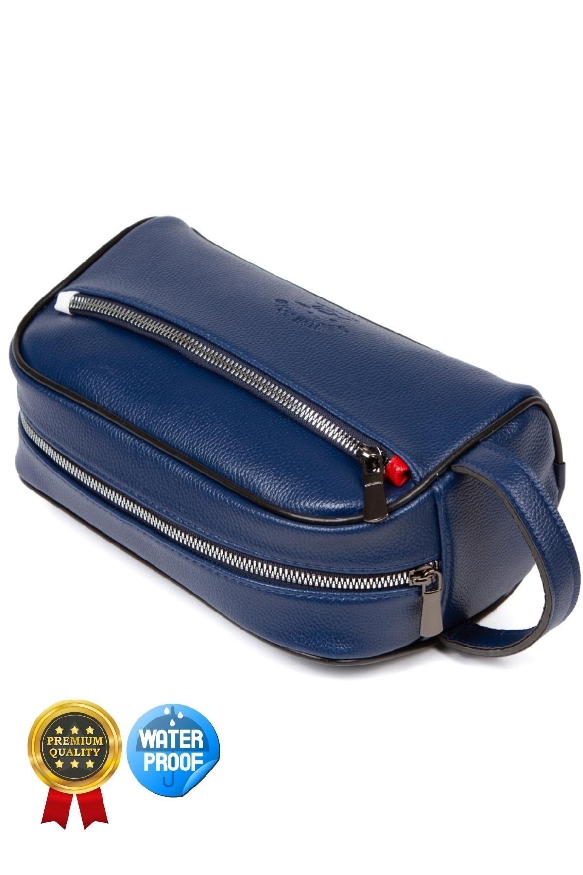 Adelina Navy Blue Leather Portfolio Clutch Bag Travel Shaving Cosmetic Clutch Bag