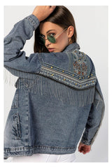 Boyfriend Denim Jacket With Embroidered Back, Chain On Arms And Back-blue - Swordslife