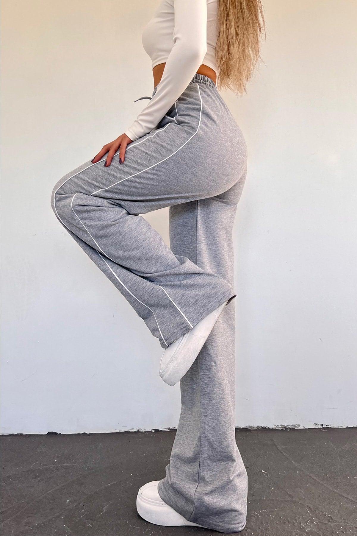 Women's Gray Wide Leg Two Yarn Elastic Waist Sweatpants - Swordslife