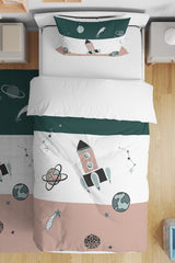 Retro Green Pink Spacecraft Patterned Single Baby Duvet Cover Set