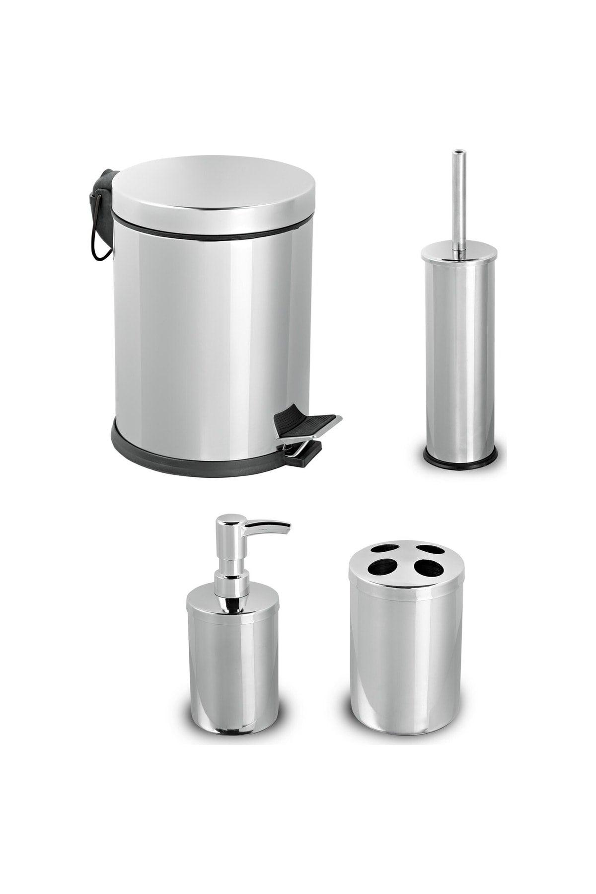 Stainless Set of 4 3 Liter Pedal Dustbin Wc Closet Toilet Brush Soap Dispenser Toothbrush Set - Swordslife